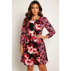 Yoana Baraschi Floral‎ Print Long Sleeve Midi Dress Button Front Pockets Women